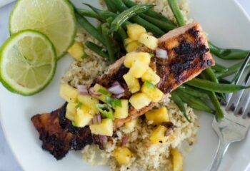 jerk salmon w/ pineapple salsa, green beans & coconut rice