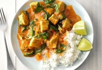 coconut curry chicken & chickpeas w/ sauteed spinach & jasmine rice