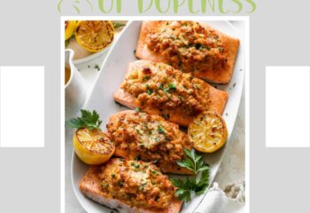 *WKLY SPCL* crab stuffed salmon w/ jasmine rosemary rice & asparagus