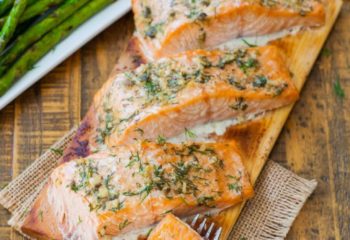 lemon herb cedar plank salmon w/ zesty asparagus & rice