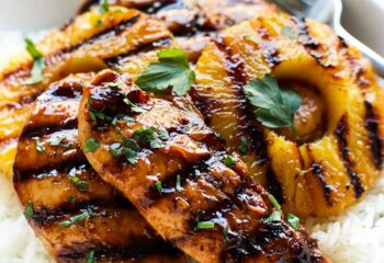 pineapple chili chicken w/ grilled asparagus & roasted sweet potatoes